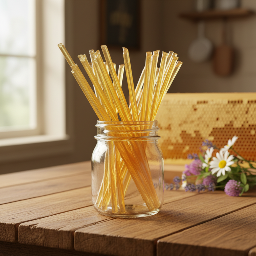 Honey straws in a mason jar on a rustic farm kitchen table